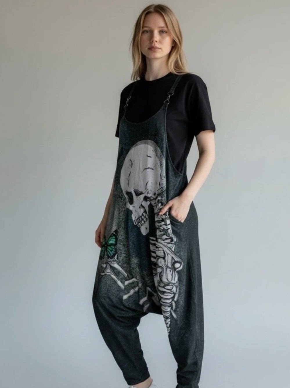 Skull & Butterfly Graphic Harem Overalls Charcoal Black XL Whimsigoth Halloween
